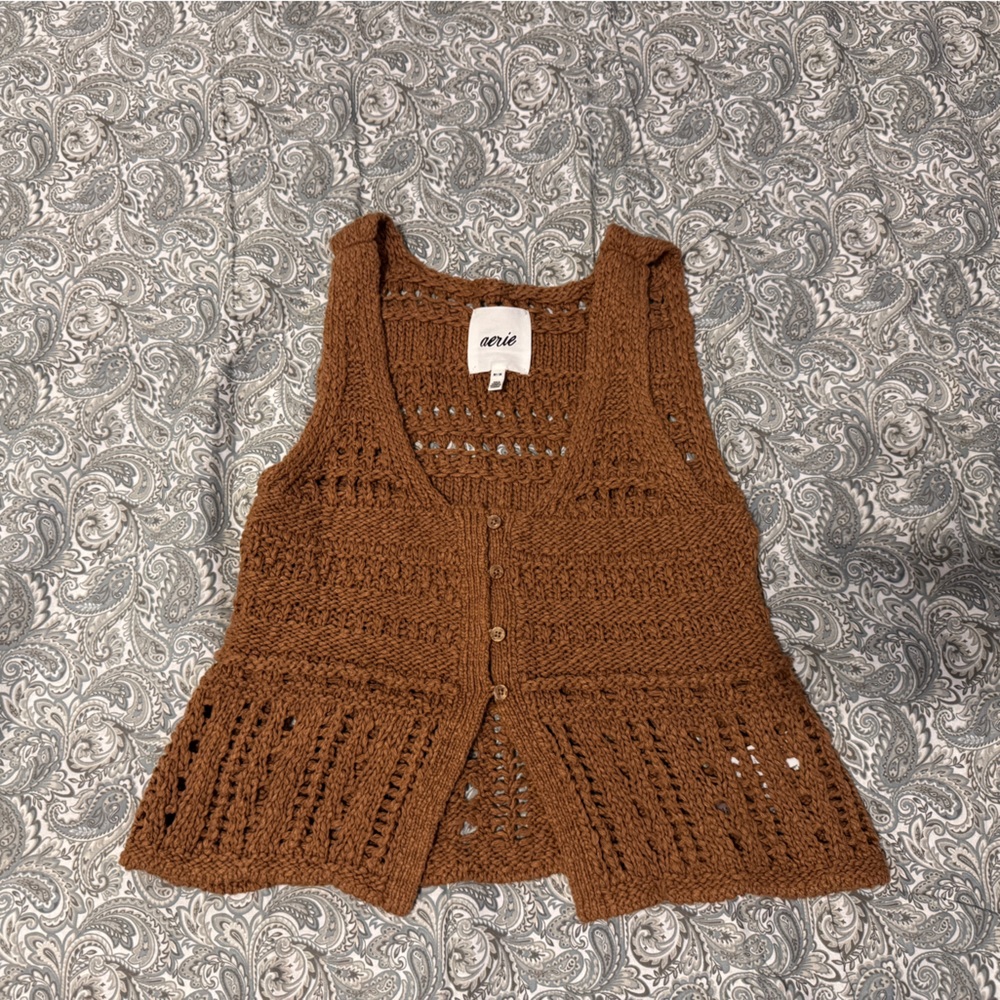 aerie Brown Open-Knit Button-Front Sweater Vest